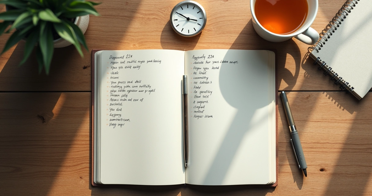 Caderno aberto com planejamento diário e relógio sobre a mesa 
