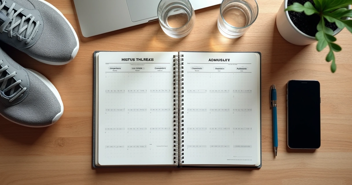 Caderno de rotina com relógio, água e tênis sobre a mesa