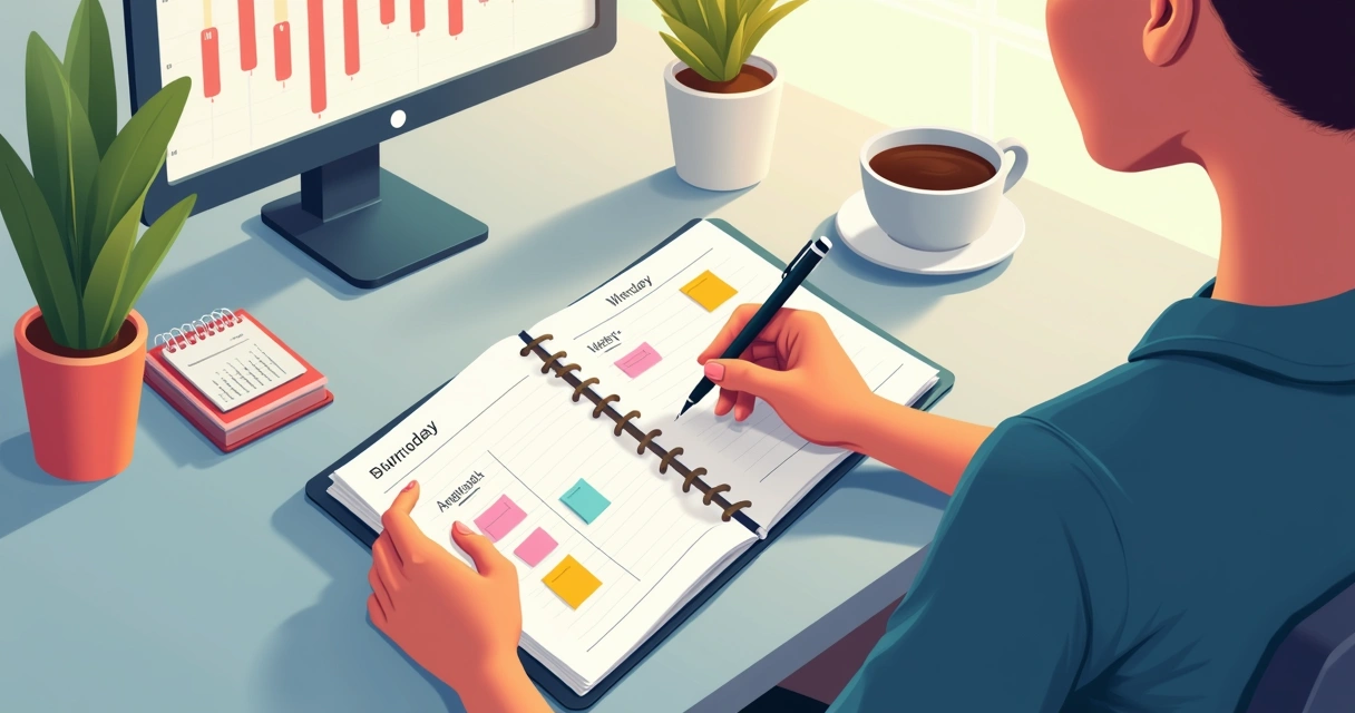 Pessoa organizando tarefas semanais em planner aberto na mesa 