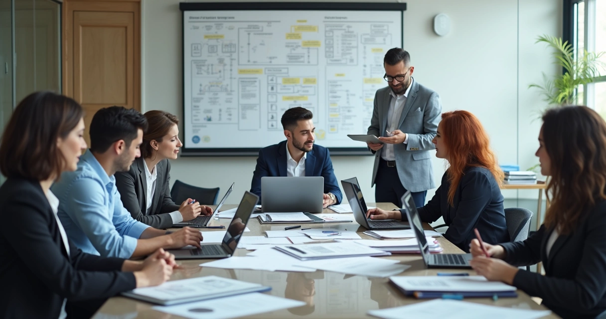 Equipe de escritório de contabilidade reunida em mesa com computadores e dispositivos de TI 