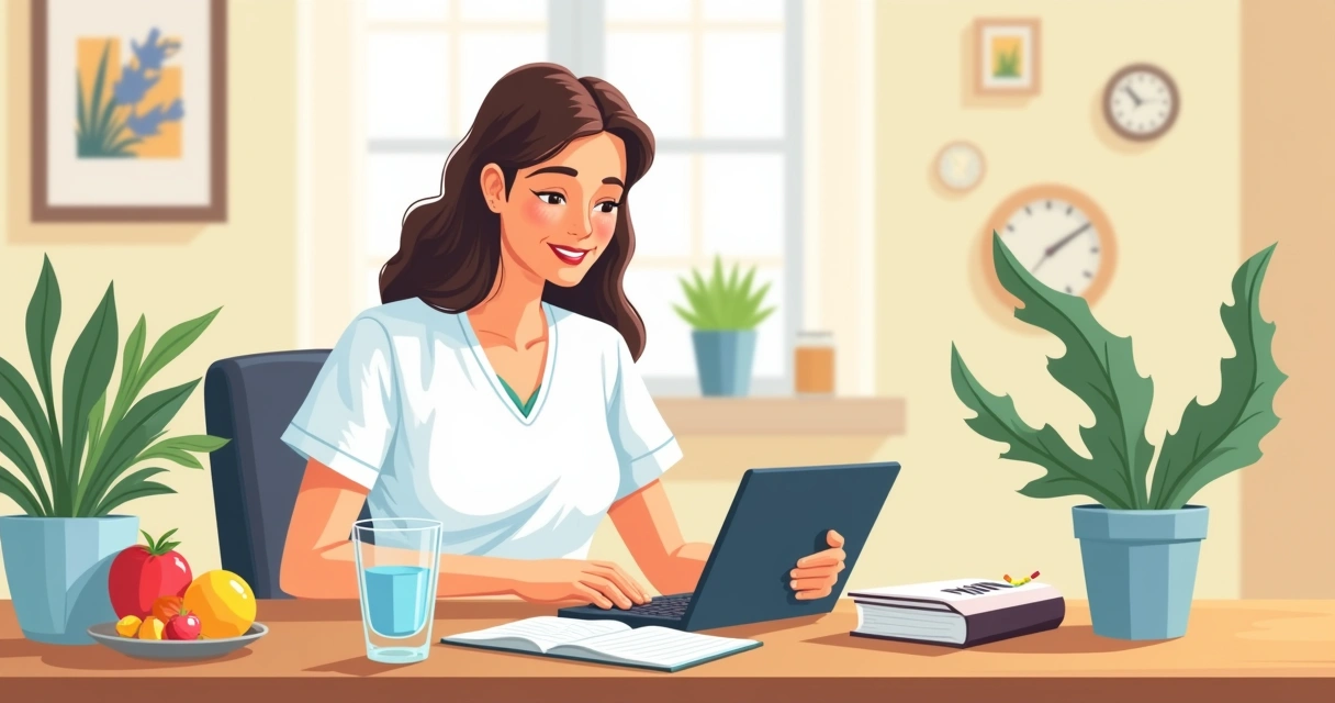 Paciente organizando rotina saudável após bariátrica, com caderno e tablet. 