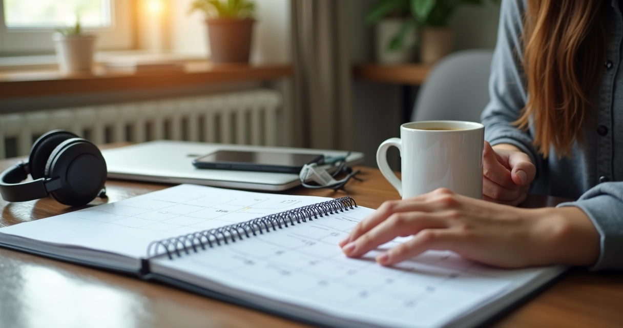 Pessoa em home office organizando rotina com agenda e café 