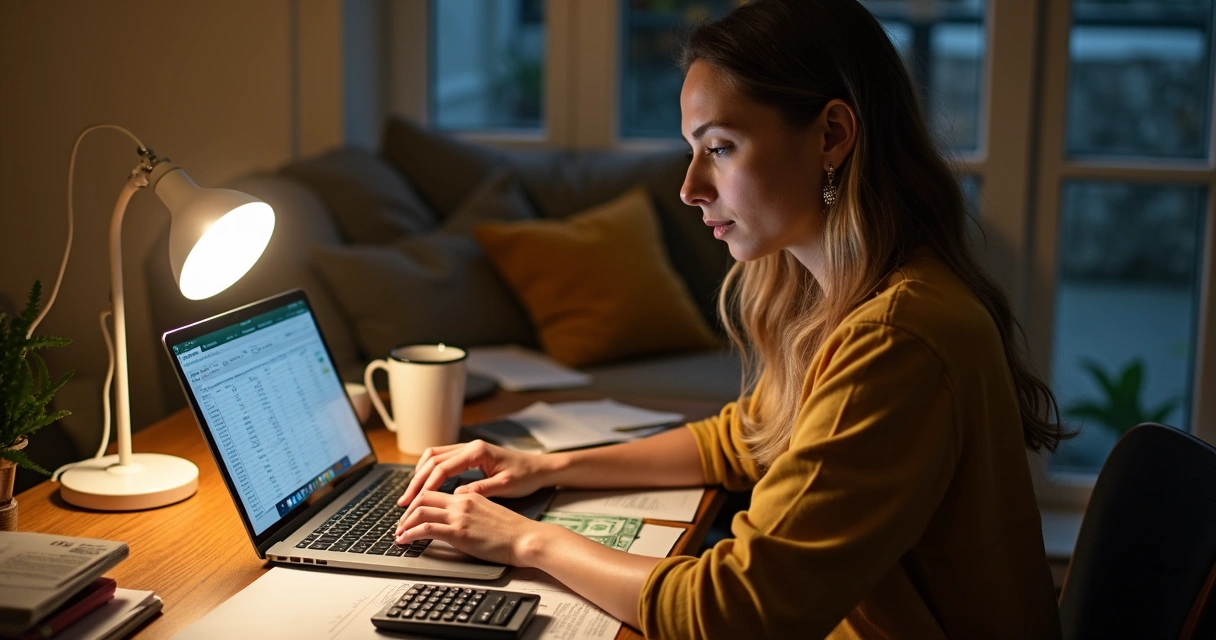 Pessoa atualizando planilha de controle financeiro no computador com anotações ao lado 
