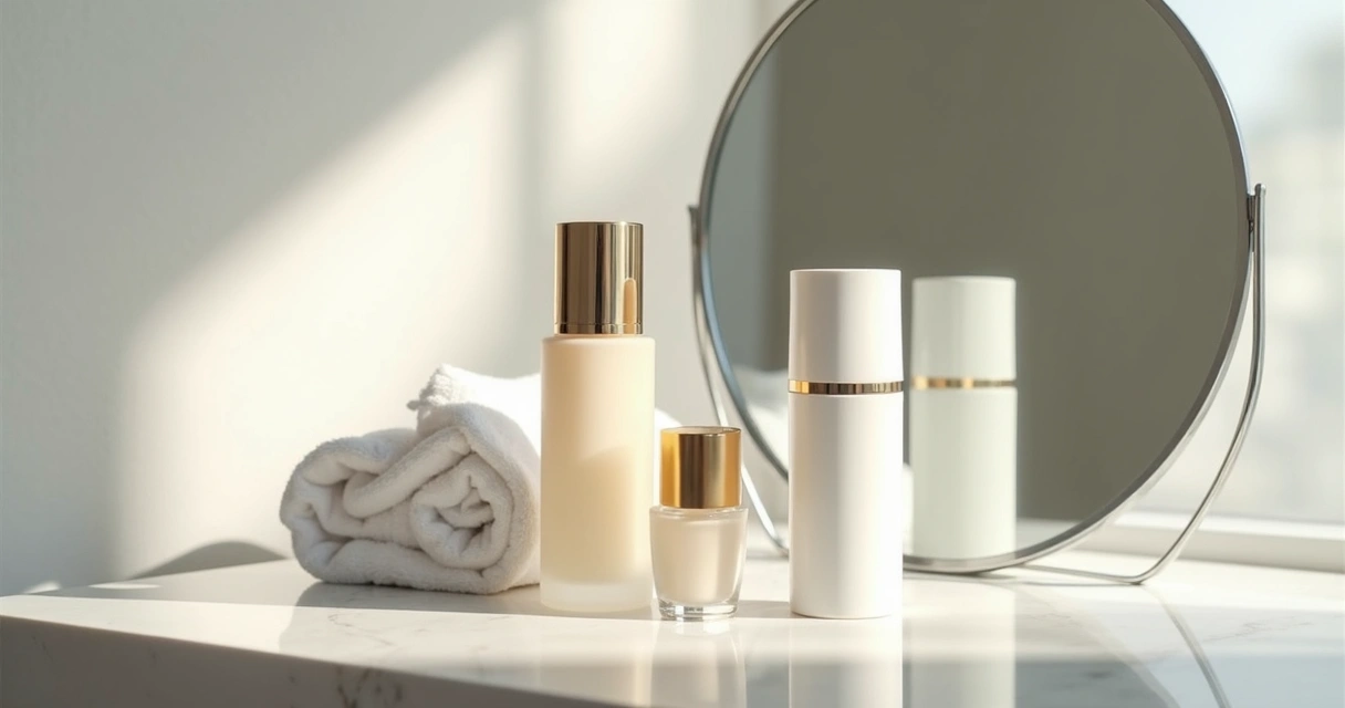 Produtos de skincare organizados ao lado de espelho e toalha branca 