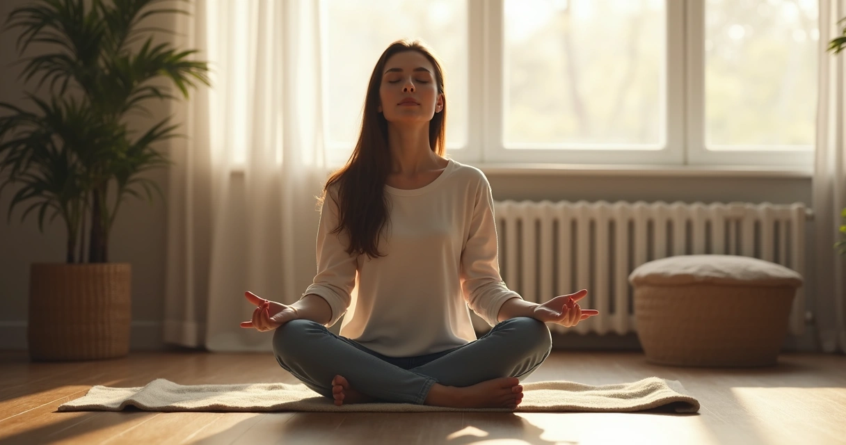 Mulher jovem sentada no chão fazendo exercício de respiração consciente com olhos fechados, luz suave e ambiente tranquilo