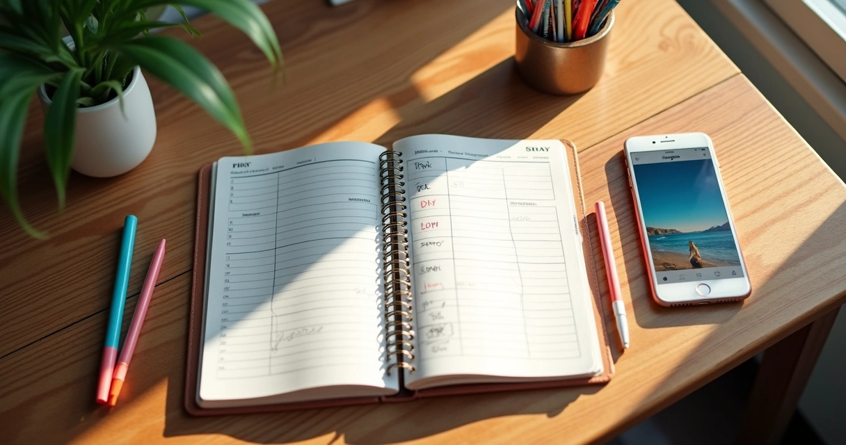 Organização de rotina de postagens de Instagram em uma mesa com notebook, agenda e celular 