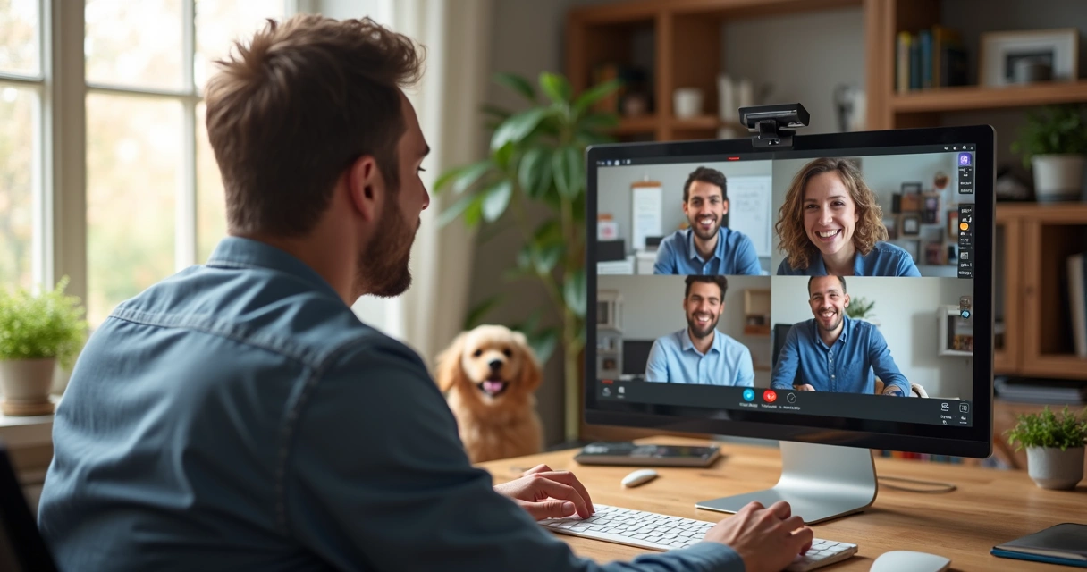 Pessoa em reunião virtual mostrando tela, conexão falha, rindo da situação 