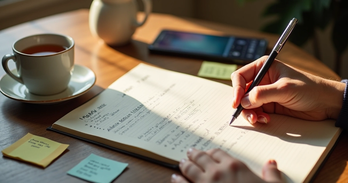 Mesa com caderno aberto, caneta, xícara de chá, pessoa escrevendo sobre metas