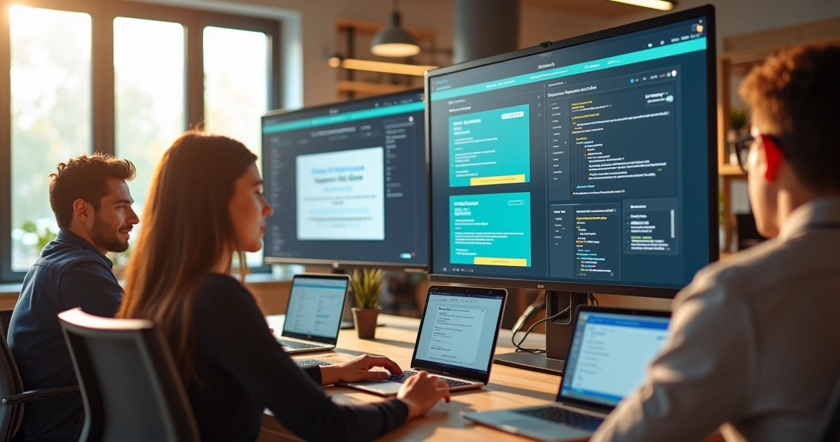 Equipe comercial de agência digital fazendo prospecção em notebooks modernos 