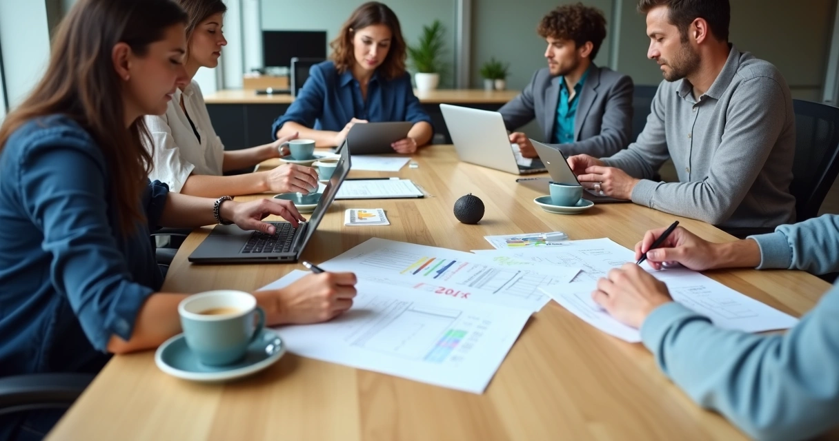 Profissionais revisando documentos e dados bancários em uma mesa de reunião. 