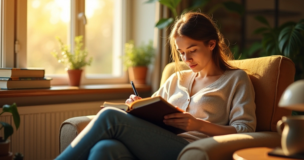 Pessoa sentada em uma poltrona com diário no colo e expressão calma
