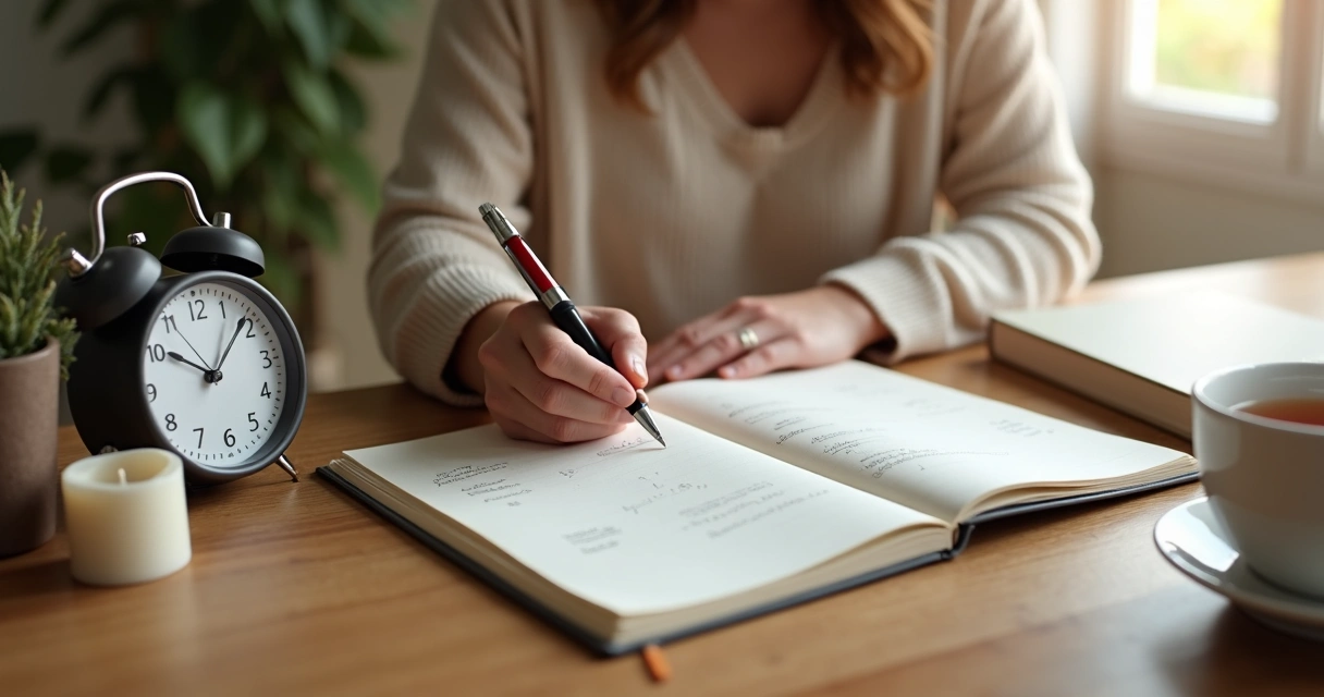 Pessoa escrevendo diário emocional em mesa organizada ao lado de xícara de chá 