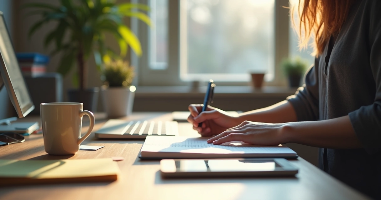 Pessoa em mesa de trabalho fazendo anotação em caderno, caneca ao lado, ambiente organizado com luz suave 