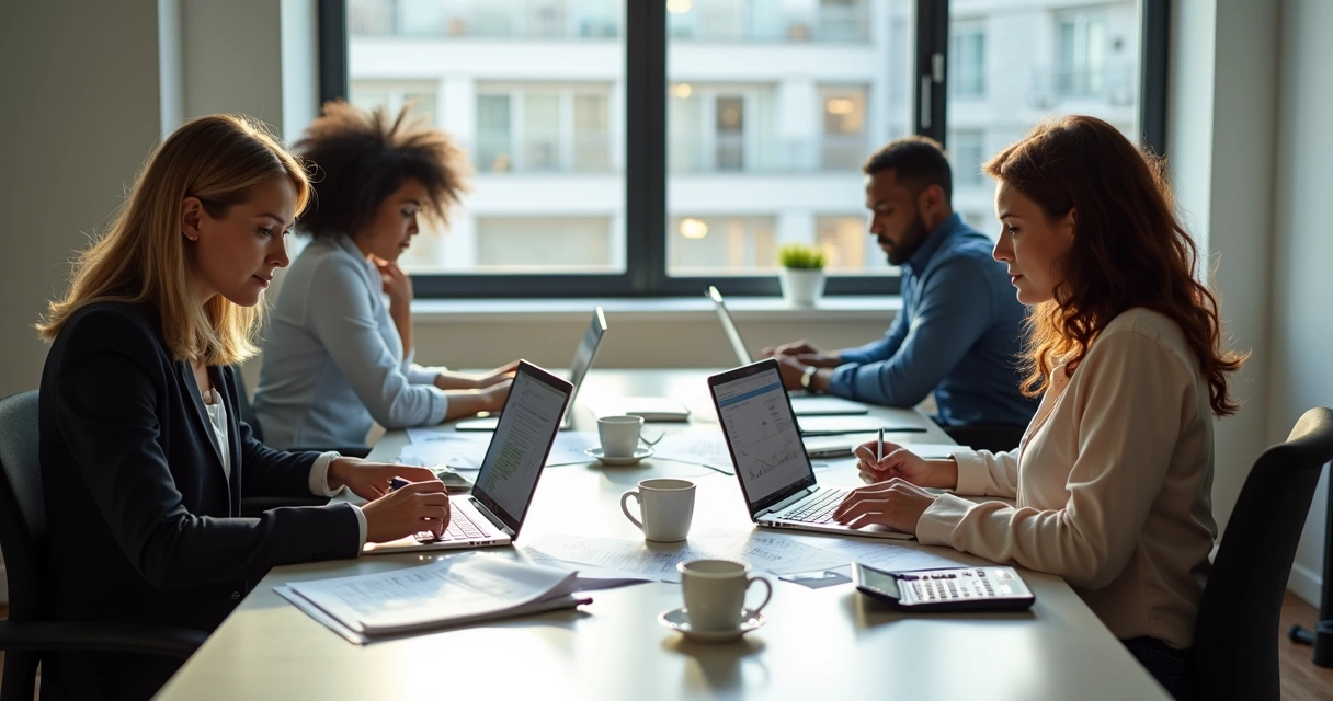 Equipe registrando dados financeiros em planilha