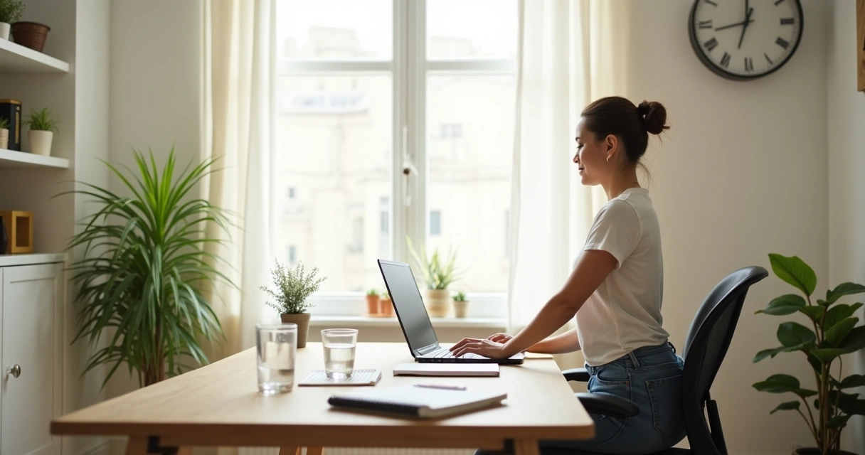 Pessoa em mesa de trabalho remota com pausa e organização