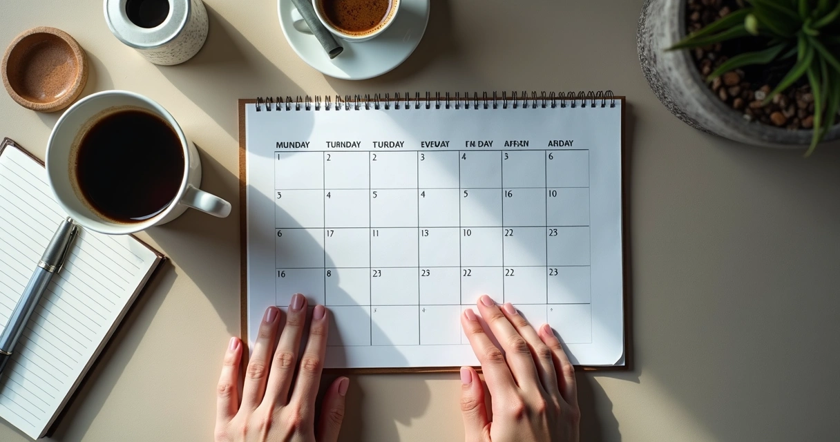 Mesa de trabalho com calendário, xícara e mãos paradas 