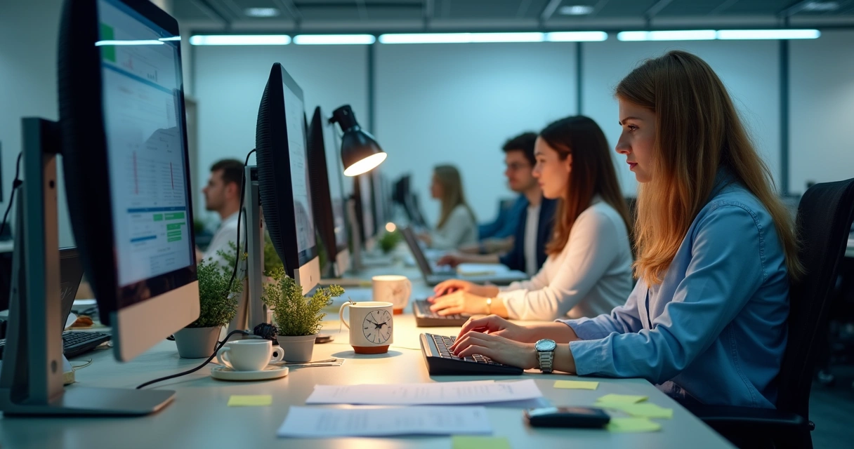 Pessoas em escritório realizando tarefas repetitivas em frente a computadores 