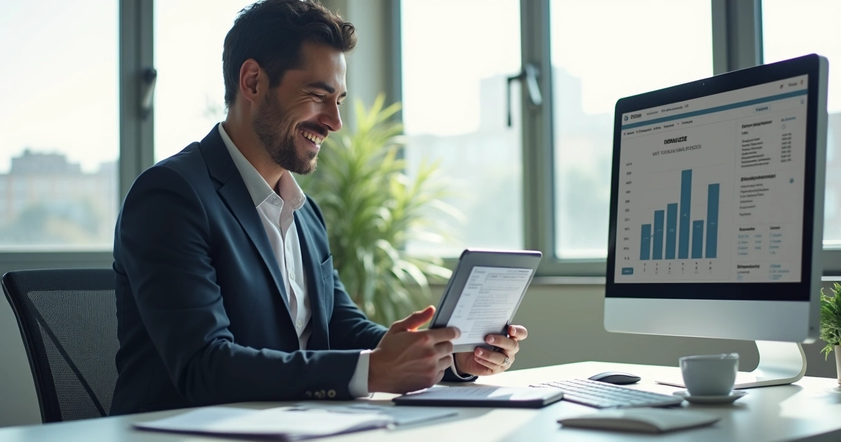 Representante comercial usando tablet para emitir nota fiscal no escritório. 