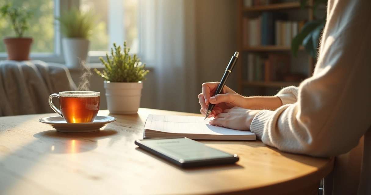 Pessoa escrevendo rotina de resiliência emocional em um caderno ao lado de uma xícara de chá 
