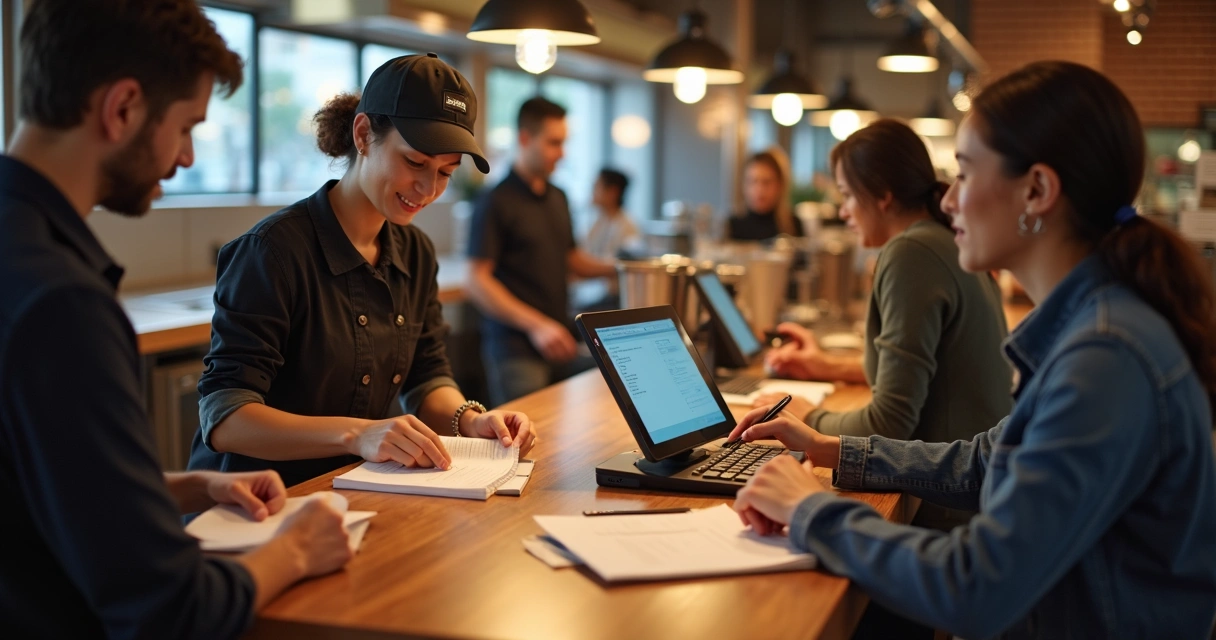 Balcão de restaurante com sistema digital e papéis juntos