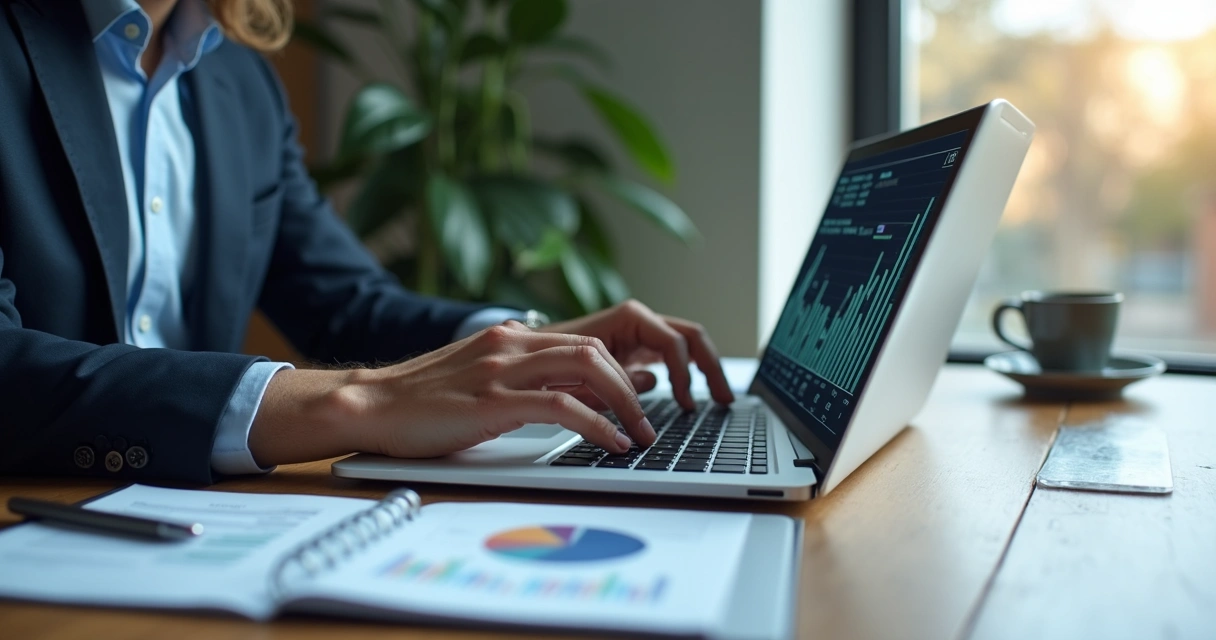 Profissional revendo relatórios financeiros em um notebook 