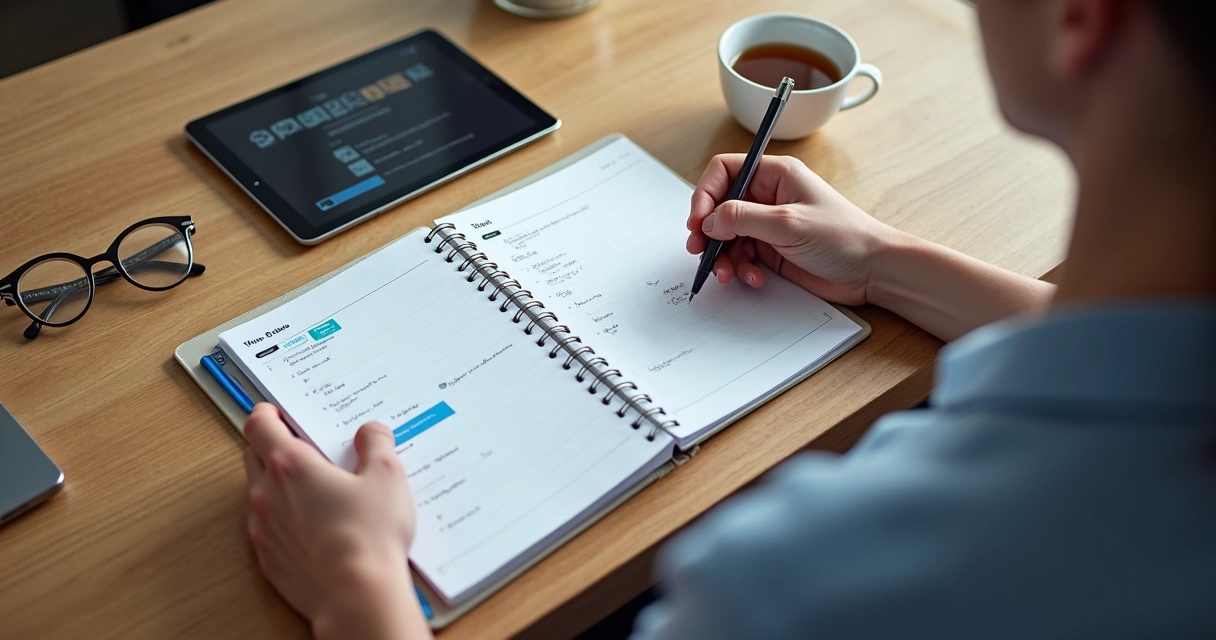 Pessoa revisando agenda semanal na mesa com caneta e notebook