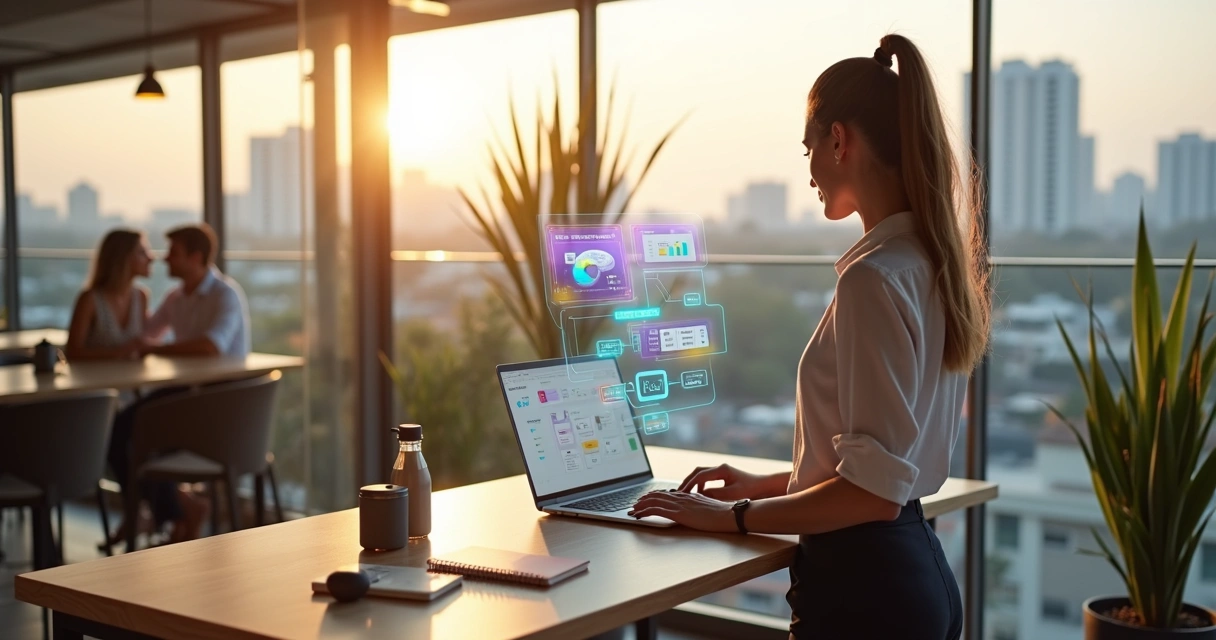 Gestora de RH de pequena empresa em varanda de coworking organizando candidatos em painel digital 