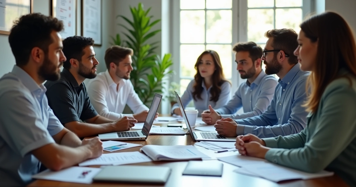 Equipe reunida discutindo documentos trabalhistas na mesa de escritório 