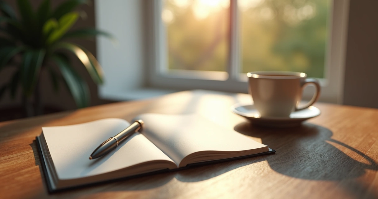 Mesa com caderno de anotações, xícara de café e luz suave da manhã