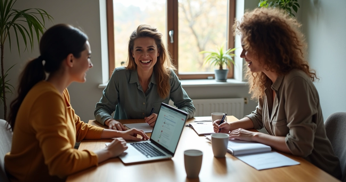 Equipe reunida em reunião avaliando registros de atendimento em uma pousada 