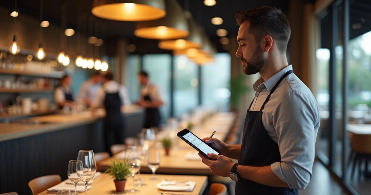 Garçom consultando checklist digital em restaurante 