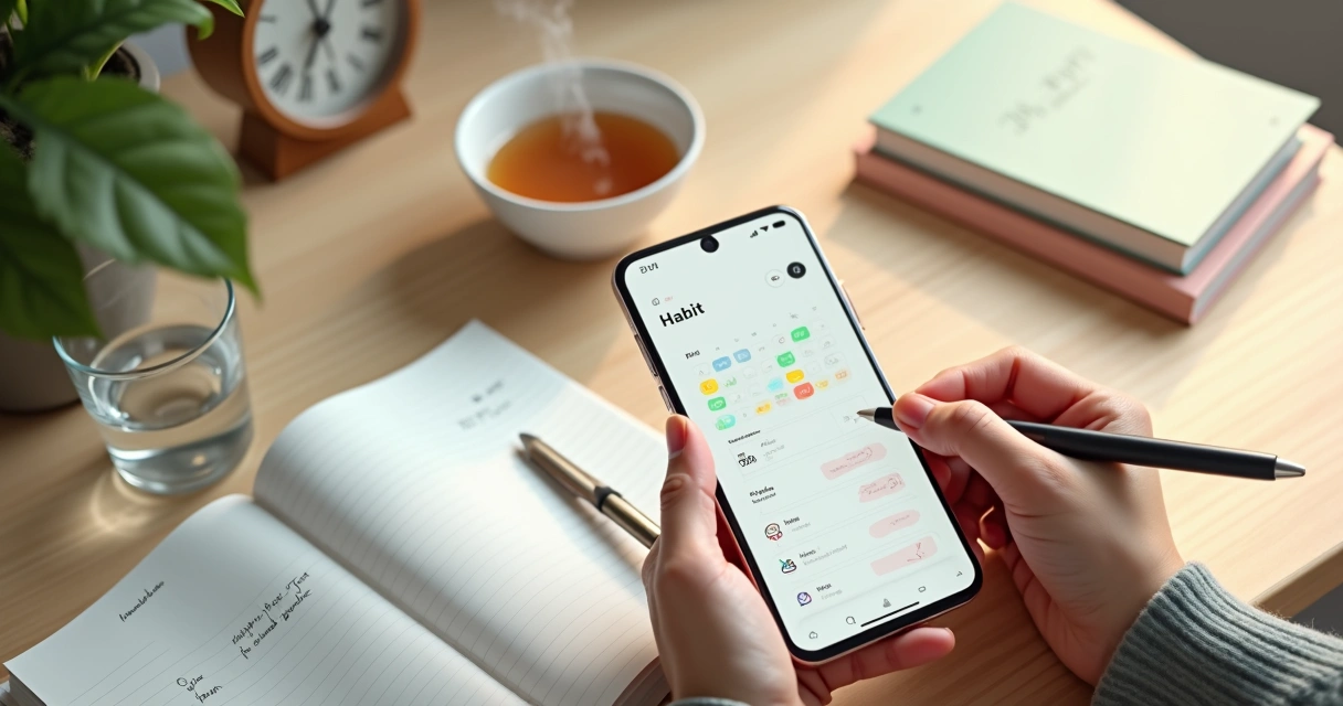 Pessoa marcando progresso de hábitos saudáveis em aplicativo no celular sobre mesa organizada 