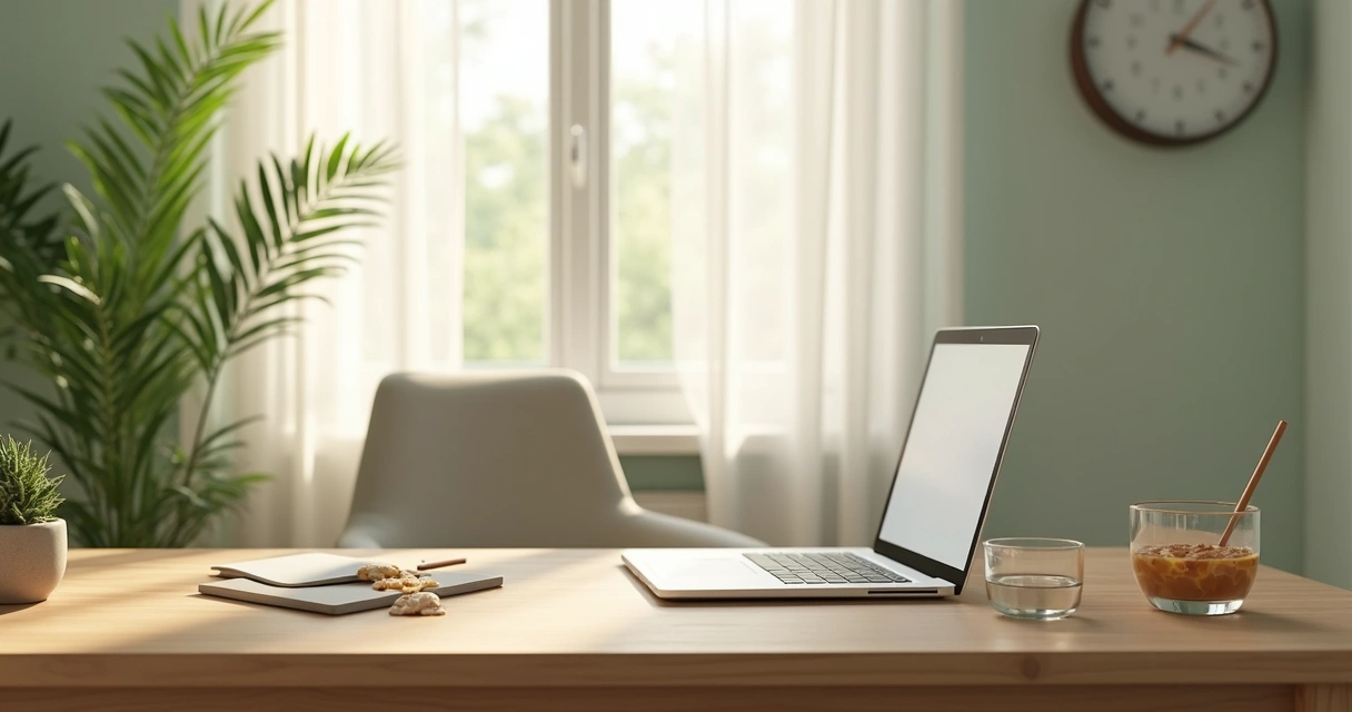 Mesa de home office organizada com pausas e luz natural 