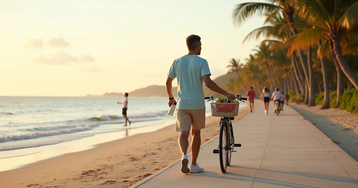 Pessoa caminhando de bicicleta pela orla com garrafa de água ao nascer do sol 