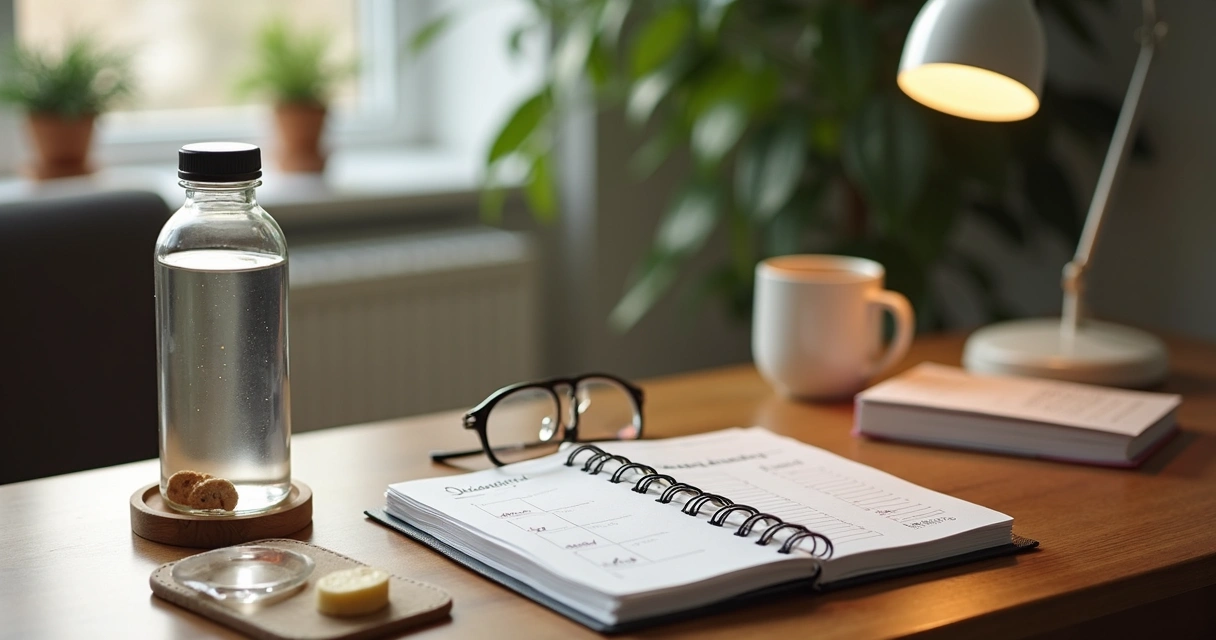Itens de autocuidado em mesa de psicóloga 