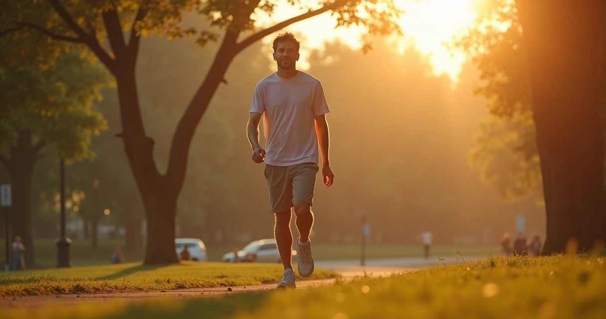 Homem caminhando em parque ao amanhecer