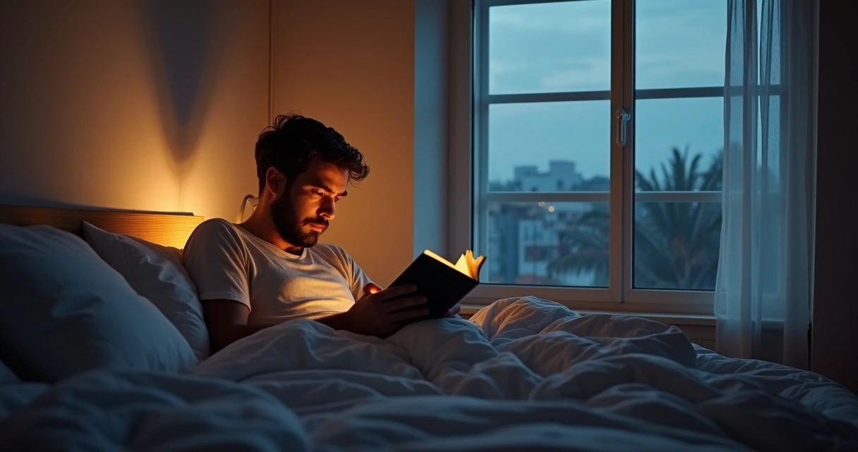 Homem sentado na beira da cama com luz suave lendo um livro 