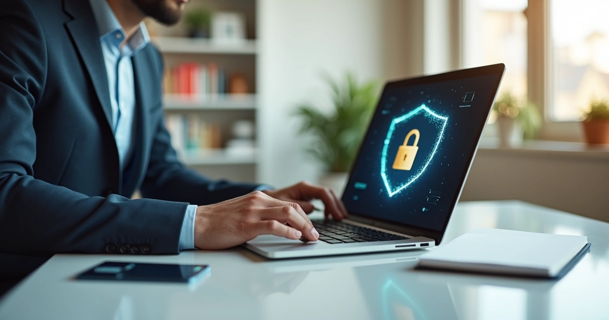 Homem sentado diante de notebook com tela mostrando cadeado digital 