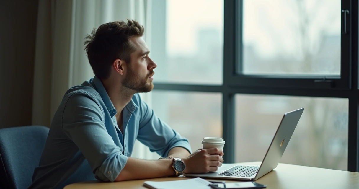 Pessoa olhando pela janela sem expressão durante uma rotina diária