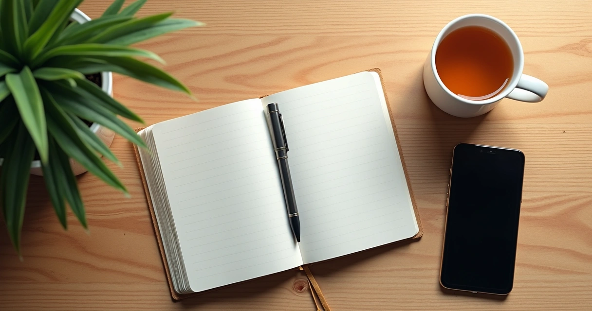 Mesa com caderno, chá e celular virado para baixo em pausa digital