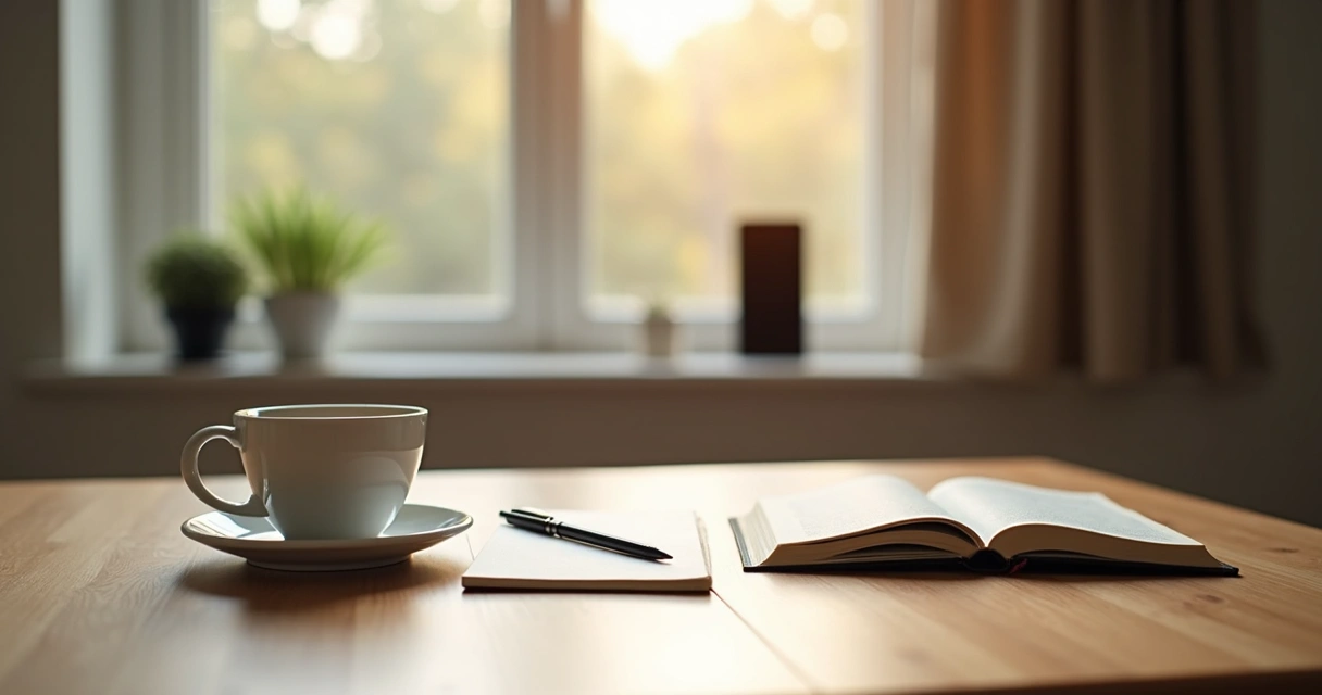 Mesa de café com caderno, livro e celular distante