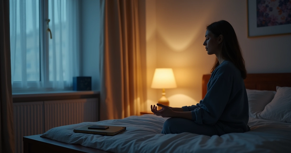 Quarto com celular longe da cama e luz suave 