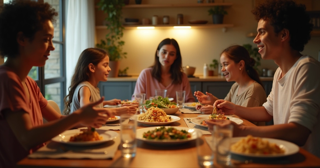 Mesa de jantar com família sem telas 