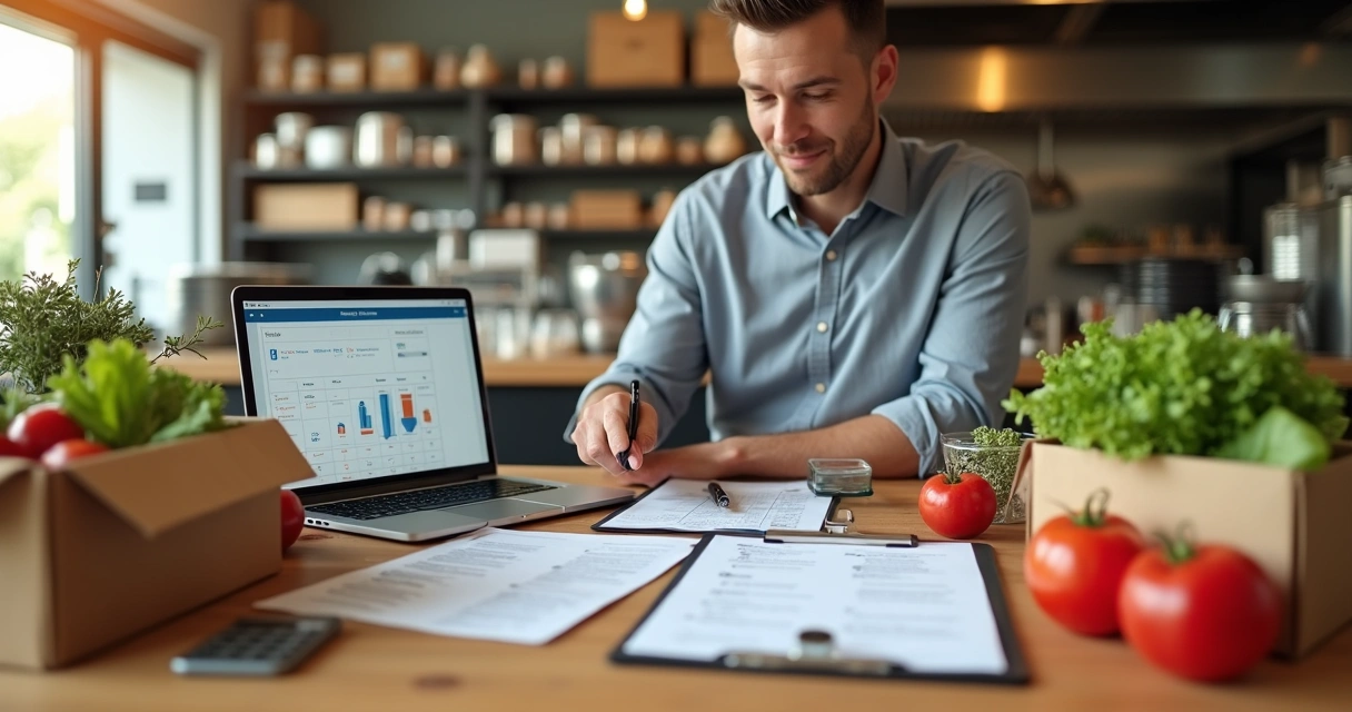 Gestor de restaurante analisando rotina semanal de compras e estoque em mesa com alimentos e notebook 