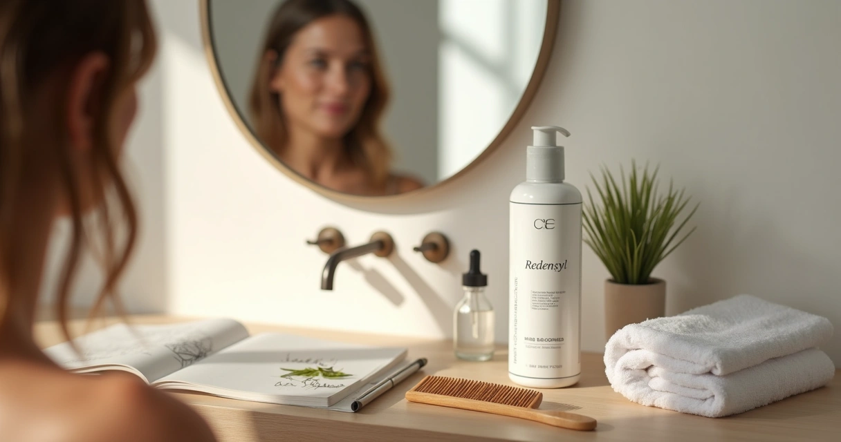 Shampoo com Redensyl ao lado de escova e toalha em bancada de banheiro claro 