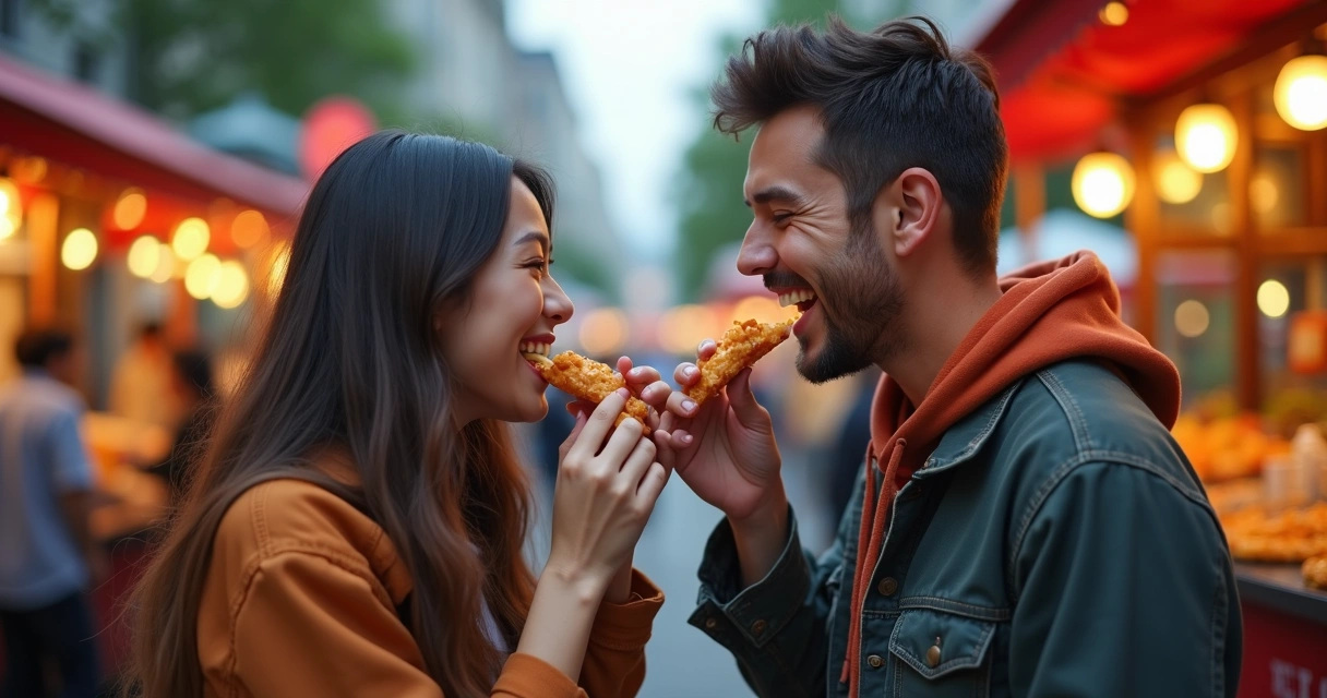 Casal sorrindo em passeio alegre experimentando coisas novas juntos