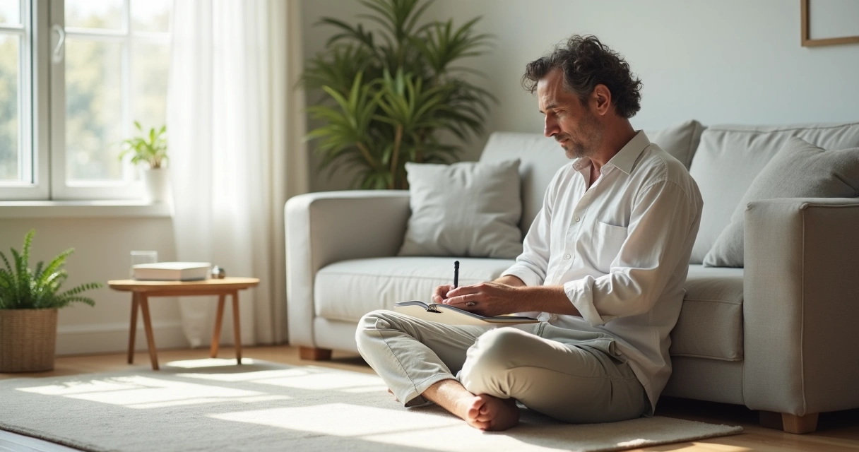 Pessoa sentada em sala minimalista olhando pela janela com caderno na mão 