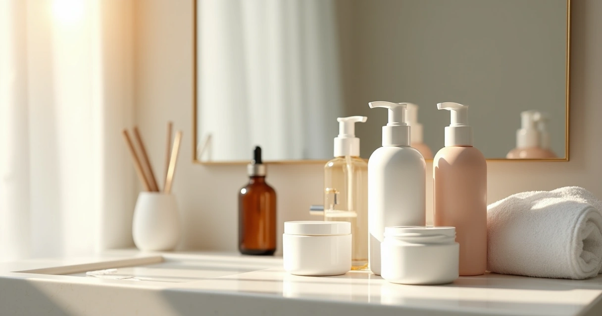 Frascos de skincare e espelho em bancada clara 