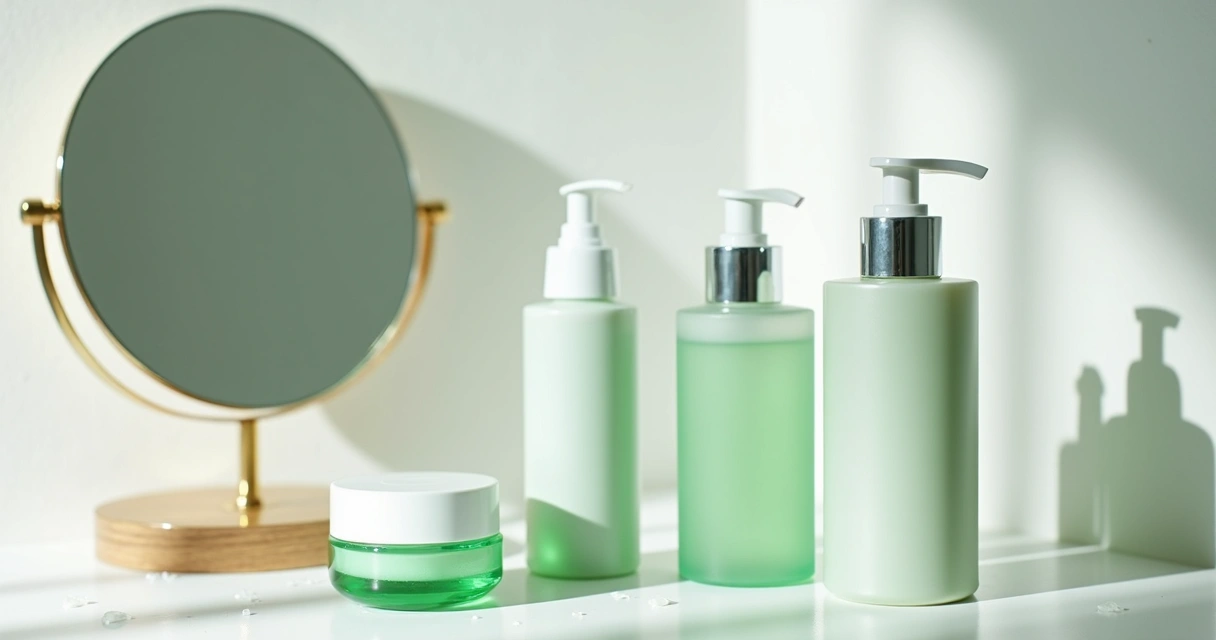 Produtos de skincare organizados em bancada clara