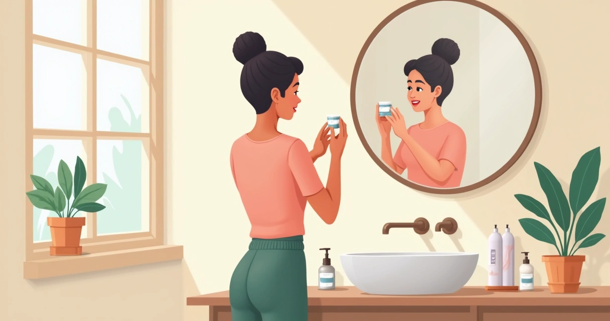 Mulher de cabelos presos aplicando produto facial frente ao espelho em banheiro com luz natural 